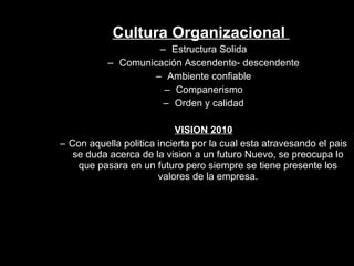 Cultura Organizacional   Estructura Solida Comunicación Ascendente- descendente Ambiente confiable Companerismo Orden y calidad VISION 2010 Con aquella politica incierta por la cual esta atravesando el pais se duda acerca de la vision a un futuro Nuevo, se preocupa lo que pasara en un futuro pero siempre se tiene presente los valores de la empresa. 