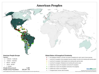 American Peoples




American People Groups                                                                                                                             Global Status of Evangelical Christianity
Population                                                                                                                                          !   0 - No evangelical Christians or churches. No access to evangelical print, audio, visual or human resources.
             10,000,001 - 74,000,000                                                                                                                !   1 - Less than 2% evangelical. Some evangelical resources available. No active church planting within past two years.
             1,000,001 - 10,000,000                                                                                                                 !   2 - Less than 2% evangelical. Initial (localized) church planting within past two years.
             500,001 - 1,000,000                                                                                                                    !   3 - Less than 2% evangelical. Widespread church planting within past two years.
             100,001 - 500,000                                                                                                                      !   4 - Greater than or equal to 2% evangelical, but less than 5% evangelical.
             7 - 100,000                                                                                                                            !   5 - Greater than or equal to 5% evangelical, but less than 10% evangelical.
People Group Count                                                               1,385                                                                  6 - Greater than or equal to 10% evangelical.
People Group Population                                                    830,091,194
                                                                                                                                                    !

                                                                                                                                                    !   7 - Evangelical status unknown (data incomplete).                                       AG800 Affinity People Groups (Centroids) 2009-04-08 Draft
People Group Mapping Project (centroid dataset) currently includes 1,095 of 1,385 people groups assigned to the American Peoples Affinity Group.                                                                           People Group data from [2009-04 GSEC Listing of People Groups Confidential.xls]
 