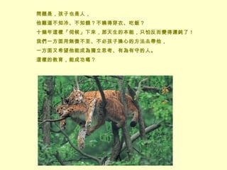 問題是，孩子也是人， 他難道不知冷、不知餓？不曉得穿衣、吃飯？ 十幾年這樣「伺候」下來，那天生的本能，只怕反而變得遲鈍了！  我們一方面用無微不至、不必孩子操心的方法去帶他， 一方面又希望他能成為獨立思考、有為有守的人。 這樣的教育，能成功嗎？ 