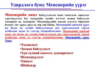 Удирдлага буюу Менежерийн үүрэг

Менежерийн ажил             байгууллагын өмнө тавигдсан зорилтыг
хэрэгжүүлэхэд бүх хүмүүсийн хүчийг нэгтгэн зохион байгуулах
чадвараас нь хамаардаг. Менежерүүдийн ажлын агуулга ойролцоо
боловч, чиг үүрэг, арга нь өөр өөр байна. Менежерийн ерөнхий үүрэг
юу болох нь тухайн байгууллагын үйл ажиллагаатай хэрхэн
холбогдож чадах вэ гэдгээр тодорхойлогдоно. Менежерийн ерөнхий
үүрэг юу болох нь тухайн байгууллагын үйл ажиллагаатай хэрхэн
холбогдож чадах вэ гэдгээр тодорхойлогдоно. Менежерийн үүрэг.
Үүнд:
           •Төлөвлөлт
           •Зохион байгуулалт
           •Хүн хүчний сонголт, хуваарилалт
           •Идэвхжүүлэлт
           •Хяналт
           •Шийдвэр
 