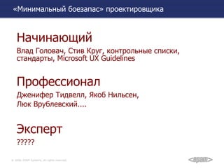 «Минимальный боезапас»  проектиров щика Начинающий Влад Головач, Стив Круг, контрольные списки, стандарты,  Microsoft UX Guidelines Профессионал Дженифер Тидвелл, Якоб Нильсен,  Люк Врублевский.... Эксперт ????? 
