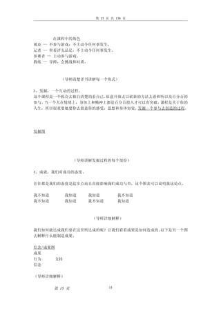 第 15 页 共 138 页




      在课程中的角色
观众 — 不参与游戏，不主动令任何事发生。
记者 — 坐着评头品足，不主动令任何事发生。
参赛者 — 主动参与游戏。
教练 — 导师，会挑战和对质。



         （导师清楚详书讲解每一个角式）

3、发掘，一个互动的过程。
这个课程是一个机会去独自清楚的看自己。原意开放去以崭新的方法去看和听以及百分百的
参与。当一个人在情绪上，身体上和精神上都是百分百投入才可以有突破。课程是关于你的
人生，所以很重要地要你去留意你的感受，思想和身体知觉。发掘一个参与去创造的过程。




发掘图




                （导师讲解发掘过程的每个部份）

4、成就，我们对成功的态度。

往往都是我们的态度是起步点而且直接影响我们成功与否。这个图表可以说明我这论点。

我不知道        我知道    我知道          我不知道
我不知道        我知道    我不知道         我知道



                    （导师详细解释）

我们如何能达成我们要在这里所达成的呢？让我们看看成果是如何造成的。以下是另一个图
去解释什么能制造成果。

信念/成果图
成果
行为     支持
信念

（导师详细解释）


       第 15 页              15
 