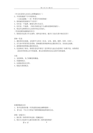 第 4 页 共 138 页



（什么信念使人出卖自己和欺骗别人？）
2、不同的观感产生不同的体会。
  （又是过滤镜 — 同一件事有不同的体验）
3、你的诚实程度能否产生信任？
4、信任是一个选择，跟别人的行为无关。
5、信任是一个选择，（你有否相信这个人或你是想相信他们）。
6、你是否足够相信自己而容许你去信别人。
（究竟是跟你或跟他们有关）
7、你的信任是基于什么条件；那些是否事实，能否于人际关系中助长信任？

讲座—信念
1、我们的信念来源；文化和个人经历（社会，父母，老师，榜样，同辈，往事）。
2、在生命中所采用信念系统，影响我们的体验和决定我们的行为，从而决定成果。
3、成果能巩固和确认我们的信念。
4、信念相对于事实，你的信念是否事实？是否所有人也认为是事实？如果不是，而你的信
  念没有带来你心目中的成果，那么改变你的信念去达致不同的成果。

小组
1、支持网络，为了清晰度和挑战。
2、沟通的机会。
3、以团队的形式合作。
4、创造关系的机会。




星期四晚的分享
1、 你不是你的形象（用考虑的比喻去解释恐惧）。
2、 参与是一个在人生和这个课程都能创造价值的方法。

讲座—老鼠芝士
1、留在第三条管理有何益处（隐藏益处）
2、你在人生抗拒什么就有如留在第三条管道的体验？
     第 4 页               4
 