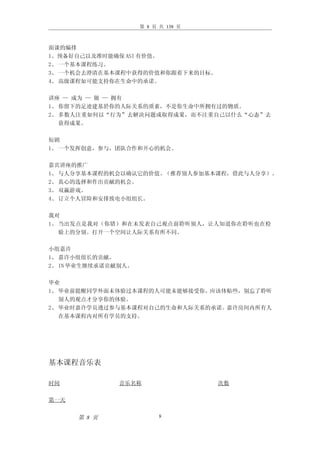 第 8 页 共 138 页



面谈的编排
1、预备好自己以及准时能确保 ASI 有价值。
2、 一个基本课程练习。
3、 一个机会去澄清在基本课程中获得的价值和你跟着下来的目标。
4、 高级课程如可能支持你在生命中的承诺。

讲座 — 成为 — 做 — 拥有
1、 你留下的足迹建基於你的人际关系的质素，不是你生命中所拥有过的物质。
2、 多数人注重如何以“行为”去解决问题或取得成果，而不注重自己以什么“心态”去
   获得成果。

短剧
1、 一个发挥创意，参与，团队合作和开心的机会。

嘉宾讲座的推广
1、 与人分享基本课程的机会以确认它的价值。（推荐别人参加基本课程，借此与人分享）。
2、 真心的选择和作出贡献的机会。
3、 双赢游戏。
4、 订立个人冒险和安排致电小组组长。

我对
1、 当出发点是我对（你错）和在未发表自己观点前聆听别人，让人知道你在聆听也在检
   验上的分别。打开一个空间让人际关系有所不同。

小组嘉许
1、 嘉许小组组长的贡献。
2、 IN 毕业生继续承诺贡献别人。

毕业
1、 毕业前提醒同学外面未体验过本课程的人可能未能够接受你。应该体贴些，别忘了聆听
   别人的观点才分享你的体验。
2、 毕业时嘉许学员透过参与基本课程对自己的生命和人际关系的承诺。嘉许房间内所有人
   在基本课程内对所有学员的支持。




基本课程音乐表

时间             音乐名称                  次数

第一天


      第 8 页                8
 