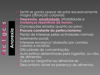 Sentir-se gorda apesar de estar excessivamente magra (distorção corporal); Depressão,  emotividade ,  irritabilidade e  mudanças repentinas de humor ; Concepções erradas quanto ao peso; Procura constante do perfeccionismo; Perda de interesse pelas actividades normais; Isolamento social; Interesse excessivo/ obsessão por comida, calorias e receitas; Dificuldade de concentração; Auto-estima determinada pela ingestão, ou não, de alimentos; Culpa ou vergonha ao alimentar-se; Desconforto visível na presença de alimentos. 