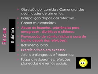Obsessão por comida / Comer grandes quantidades de alimentos; Indisposição depois das refeições; Comer às escondidas; Abuso de laxantes, substâncias para emagrecer , diuréticos e clisteres; Provocação de vómito (visitas à casa de banho depois das refeições); Isolamento social; Exercício físico em excesso; Jejuns prolongados e frequentes; Fugas a restaurantes, refeições planeadas e eventos sociais. 