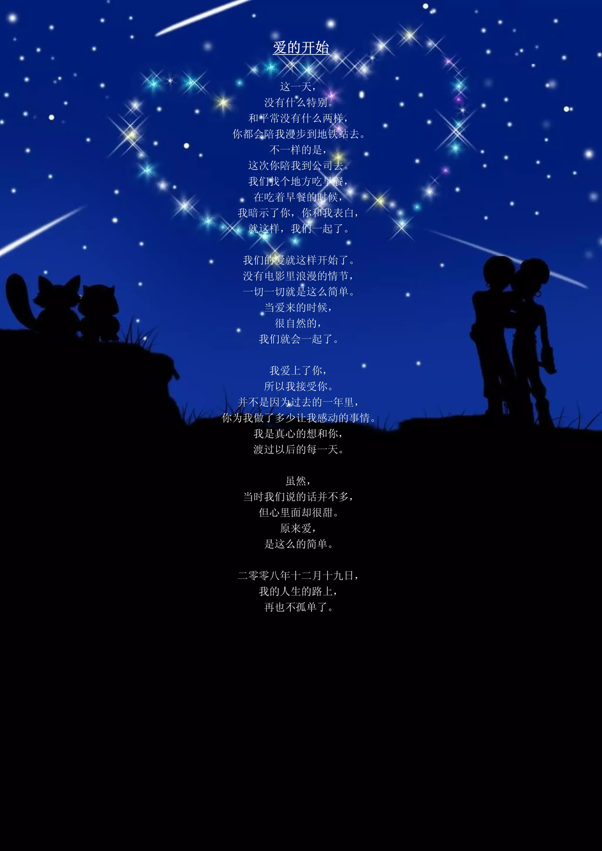 爱的开始

      这一天，
    没有什么特别。
   和平常没有什么两样，
 你都会陪我漫步到地铁站去。
     不一样的是，
   这次你陪我到公司去。
   我们找个地方吃早餐，
   在吃着早餐的时候，
  我暗示了你，你和我表白，
   就这样，我们一起了。

  我们的爱就这样开始了。
  没有电影里浪漫的情节，
  一切一切就是这么简单。
    当爱来的时候，
     很自然的，
    我们就会一起了。

     我爱上了你，
    所以我接受你。
  并不是因为过去的一年里，
你为我做了多少让我感动的事情。
   我是真心的想和你，
   渡过以后的每一天。

      虽然，
  当时我们说的话并不多，
    但心里面却很甜。
      原来爱，
    是这么的简单。

 二零零八年十二月十九日，
   我的人生的路上，
   再也不孤单了。
 