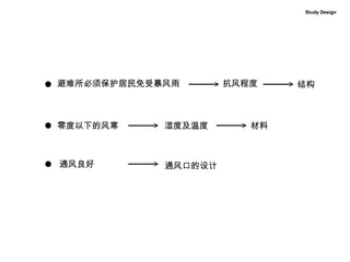 避难所必须保护居民免受暴风雨 零度以下的风寒 抗风程度 湿度及温度 通风良好 通风口的设计 材料 结构 Study Design 