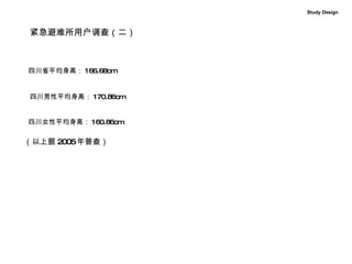四川省平均身高： 166.68cm 四川男性平均身高： 170.86cm 四川女性平均身高： 160.86cm 紧急避难所用户调查（二） Study Design （以上据 2005 年普查） 