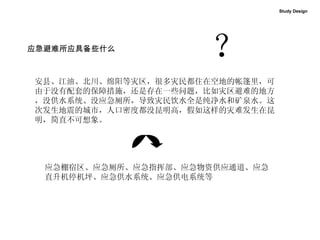 Study Design 应急棚宿区、应急厕所、应急指挥部、应急物资供应通道、应急直升机停机坪、应急供水系统、应急供电系统等 应急避难所应具备些什么 安县、江油、北川、绵阳等灾区，很多灾民都住在空地的帐篷里，可由于没有配套的保障措施，还是存在一些问题，比如灾区避难的地方，没供水系统、没应急厕所，导致灾民饮水全是纯净水和矿泉水。这次发生地震的城市，人口密度都没昆明高，假如这样的灾难发生在昆明，简直不可想象。  ？ 