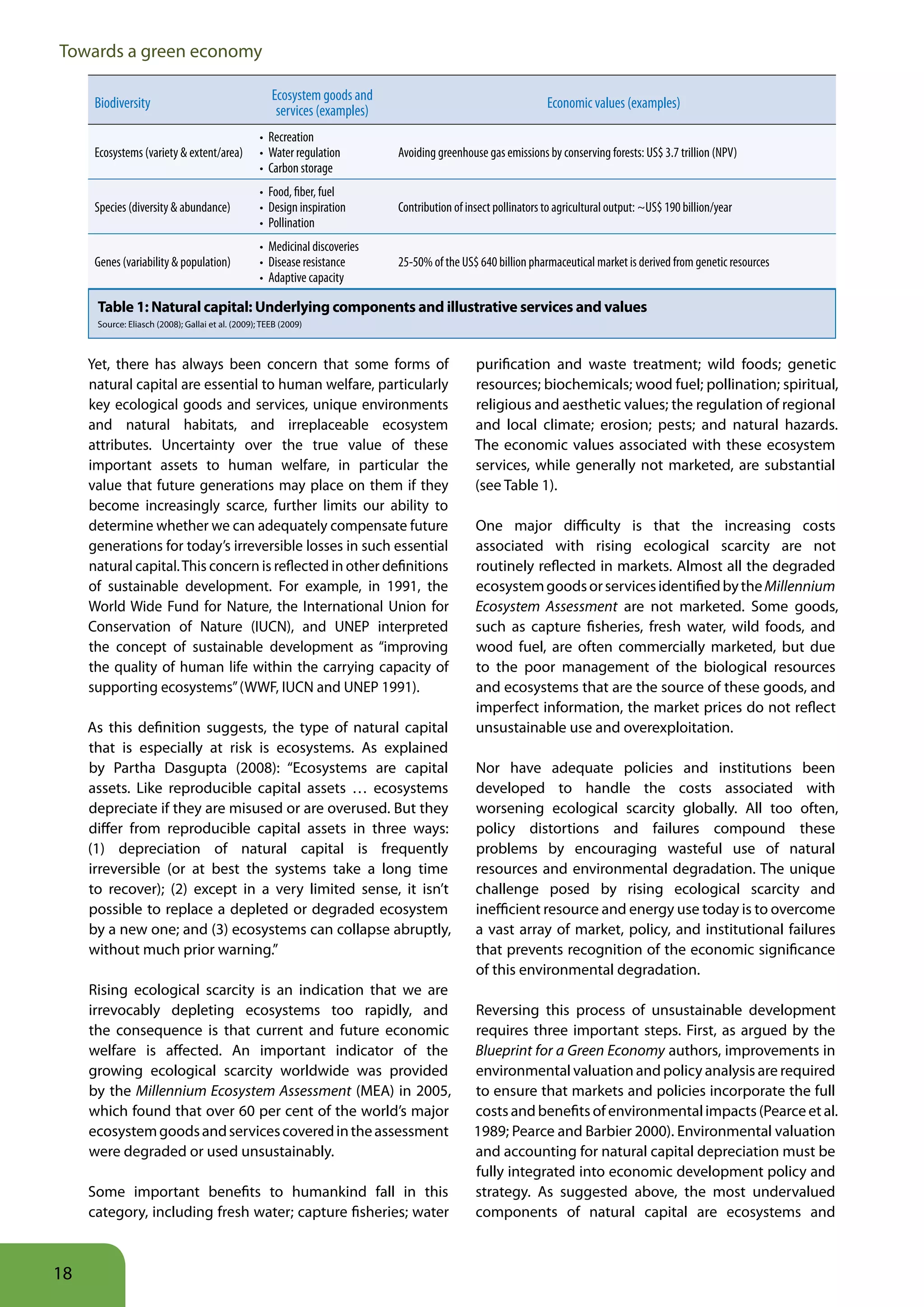 Towards a green economy

                                                      Ecosystem goods and
      Biodiversity                                                                                               Economic values (examples)
                                                       services (examples)
                                                   •	 Recreation
      Ecosystems (variety & extent/area)           •	 Water regulation        Avoiding greenhouse gas emissions by conserving forests: US$ 3.7 trillion (NPV)
                                                   •	 Carbon storage
                                                   •	 Food, fiber, fuel
      Species (diversity & abundance)              •	 Design inspiration      Contribution of insect pollinators to agricultural output: ~US$ 190 billion/year
                                                   •	 Pollination
                                                   •	 Medicinal discoveries
      Genes (variability & population)             •	 Disease resistance      25-50% of the US$ 640 billion pharmaceutical market is derived from genetic resources
                                                   •	 Adaptive capacity

      Table 1: Natural capital: Underlying components and illustrative services and values
      Source: Eliasch (2008); Gallai et al. (2009); TEEB (2009)



     Yet, there has always been concern that some forms of                                      purification and waste treatment; wild foods; genetic
     natural capital are essential to human welfare, particularly                               resources; biochemicals; wood fuel; pollination; spiritual,
     key ecological goods and services, unique environments                                     religious and aesthetic values; the regulation of regional
     and natural habitats, and irreplaceable ecosystem                                          and local climate; erosion; pests; and natural hazards.
     attributes. Uncertainty over the true value of these                                       The economic values associated with these ecosystem
     important assets to human welfare, in particular the                                       services, while generally not marketed, are substantial
     value that future generations may place on them if they                                    (see Table 1).
     become increasingly scarce, further limits our ability to
     determine whether we can adequately compensate future                                      One major difficulty is that the increasing costs
     generations for today’s irreversible losses in such essential                              associated with rising ecological scarcity are not
     natural capital. This concern is reflected in other definitions                            routinely reflected in markets. Almost all the degraded
     of sustainable development. For example, in 1991, the                                      ecosystem goods or services identified by the Millennium
     World Wide Fund for Nature, the International Union for                                    Ecosystem Assessment are not marketed. Some goods,
     Conservation of Nature (IUCN), and UNEP interpreted                                        such as capture fisheries, fresh water, wild foods, and
     the concept of sustainable development as “improving                                       wood fuel, are often commercially marketed, but due
     the quality of human life within the carrying capacity of                                  to the poor management of the biological resources
     supporting ecosystems” (WWF, IUCN and UNEP 1991).                                          and ecosystems that are the source of these goods, and
                                                                                                imperfect information, the market prices do not reflect
     As this definition suggests, the type of natural capital                                   unsustainable use and overexploitation.
     that is especially at risk is ecosystems. As explained
     by Partha Dasgupta (2008): “Ecosystems are capital                                         Nor have adequate policies and institutions been
     assets. Like reproducible capital assets … ecosystems                                      developed to handle the costs associated with
     depreciate if they are misused or are overused. But they                                   worsening ecological scarcity globally. All too often,
     differ from reproducible capital assets in three ways:                                     policy distortions and failures compound these
     (1) depreciation of natural capital is frequently                                          problems by encouraging wasteful use of natural
     irreversible (or at best the systems take a long time                                      resources and environmental degradation. The unique
     to recover); (2) except in a very limited sense, it isn’t                                  challenge posed by rising ecological scarcity and
     possible to replace a depleted or degraded ecosystem                                       inefficient resource and energy use today is to overcome
     by a new one; and (3) ecosystems can collapse abruptly,                                    a vast array of market, policy, and institutional failures
     without much prior warning.”                                                               that prevents recognition of the economic significance
                                                                                                of this environmental degradation.
     Rising ecological scarcity is an indication that we are
     irrevocably depleting ecosystems too rapidly, and                                          Reversing this process of unsustainable development
     the consequence is that current and future economic                                        requires three important steps. First, as argued by the
     welfare is affected. An important indicator of the                                         Blueprint for a Green Economy authors, improvements in
     growing ecological scarcity worldwide was provided                                         environmental valuation and policy analysis are required
     by the Millennium Ecosystem Assessment (MEA) in 2005,                                      to ensure that markets and policies incorporate the full
     which found that over 60 per cent of the world’s major                                     costs and benefits of environmental impacts (Pearce et al.
     ecosystem goods and services covered in the assessment                                     1989; Pearce and Barbier 2000). Environmental valuation
     were degraded or used unsustainably.                                                       and accounting for natural capital depreciation must be
                                                                                                fully integrated into economic development policy and
     Some important benefits to humankind fall in this                                          strategy. As suggested above, the most undervalued
     category, including fresh water; capture fisheries; water                                  components of natural capital are ecosystems and



18
 