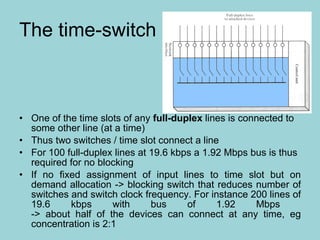 The time-switch One of the time slots of any  full-duplex  lines is connected to some other line (at a time) Thus two switches / time slot connect a line For 100 full-duplex lines at 19.6 kbps a 1.92 Mbps bus is thus required for no blocking If no fixed assignment of input lines to time slot but on demand allocation -> blocking switch that reduces number of switches and switch clock frequency. For instance 200 lines of 19.6 kbps with bus of 1.92 Mbps  -> about half of the devices can connect at any time, eg concentration is 2:1  