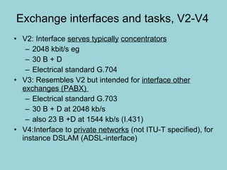 Exchange interfaces and tasks, V2-V4 V2: Interface  serves typically   concentrators   2048 kbit/s eg  30 B + D  Electrical standard G.704  V3: Resembles V2 but intended for  interface other exchanges (PABX)  Electrical standard G.703 30 B + D at 2048 kb/s also 23 B +D at 1544 kb/s (I.431) V4:Interface to  private networks  (not ITU-T specified), for instance DSLAM (ADSL-interface) 