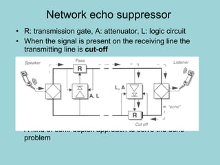 Network echo suppressor R: transmission gate, A: attenuator, L: logic circuit When the signal is present on the receiving line the transmitting line is  cut-off A kind of semi-duplex approach to solve the echo problem 