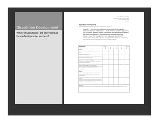 !"#$%&'!$!"#$()*+,$%'-.$
                                                                                                                                                      /,0#+1,0#,"$23445*)#6$2377,8,$
                                                                                                                                                               9"3:,003"$;,7)00<$=<77$
                                                                                                                                                                            ><77$?&%?$
                                                           !
                                                           "#$%&$#'#&(!")*)+&%,)('-!

Disposi3on	
  Development	
                                =3@$@357A$635$,B<75<#,$635"$3B,"<77$CA)0D30)#)3*$A,B,73D4,*#E$)*$#1)0$+7<00F$
                                                           $
                                                                    !"#$%&'#()*)*)*)+$(#),&-.')#/-#)%0(12(0#02'()0'32,3&)/-40#()25)#/0'60'7)8/09/)
                                                                    0'5,$&'9&)#/&0.)-9#02'()-'%)4&/-302.()*)*)*)"#$%&'#()'&&%)#2)6'28)/28)%0(12(0#02'(:)
What	
  “disposi_ons”	
  are	
  likely	
  to	
  lead	
              ($9/)-()0'0#0-#03&:)%0,07&'9&:)0'#&7.0#;:).&(12'(040,0#;:)-'%)%&#&.+0'-#02':)0'5,$&'9&)
                                                                    #/&0.)-9#02'()-'%)4&/-302.()0')#/&)9,-((.22+)-'%)/28)#/2(&)-9#02'()-'%)
to	
  academic/career	
  success?	
                                 4&/-302.()0+1-9#)#/&0.),&3&,)25)-9/0&3&+&'#)-'%)1$.($0#)25)&<9&,,&'9&*=)
                                                                    2<*A<+,$G3@A$H<"*,0$<*A$I<*,#$>)7,"J$CG)0D30)#)3*$G,B,73D4,*#K$$!$L,87,+#,A$
                                                                    M3)+,$:3"$#1,$95"05)#$3:$NO+,77,*+,$!43*8$2377,8,$(#5A,*#0E$
                                                           $
                                                           $
                                                           $
                                                           ;6$L<4,K$$$                                               /,<P$$$$$$$$$$$$$$$$$$$$$$$$$$$$$$$$$$$$$$$$$$$$$$$$$$$$$$$$$$$$$$$$$$$$$$$$$$$(#"3*8$
                                                                                                                          %$                ?$                Q$                -$               .$
                                                           R*)#)<#)B,$
                                                           G3$635$+34,$#3$+7<00$",857<"76F$$!",$635$<7@<60$3*$
                                                                                                                     $                $                 $                 $                 $
                                                           #)4,F$$
                                                           $
                                                           R*)#)<#)B,$S$G,#,"4)*<#)3*$
                                                           G3$635$#<P,$#1,$)*)#)<#)B,$)*$+7<00$A)0+500)3*$#3$P,,D$
                                                                                                                     $                $                 $                 $                 $
                                                           635"$8"35D$:3+50,A$<*A$3*$#<0PF$
                                                           $
                                                           R*)#)<#)B,$S$T,0D3*0)U)7)#6$S$G)7)8,*+,$
                                                           G3$635$A3$<77$3:$#1,$<00)8*,A$",<A)*80F$$G3$635$+34,$
                                                                                                                     $                $                 $                 $                 $
                                                           #3$+7<00$D",D<",A$#3$@3"PF$$$
                                                           $
                                                           R*)#)<#)B,$S$T,0D3*0)U)7)#6$S$G,#,"4)*<#)3*$
                                                           !",$034,$3:$635"$+7<004<#,0$43",$D",D<",A$#1<*$635F$$
                                                                                                                     $                $                 $                 $                 $
                                                           =<B,$635$#<P,*$0#,D0$#3$)4D"3B,$635"$3@*$
                                                           D",D<",A*,00F$
                                                           $
                                                           R*#,8")#6$
                                                           G3$635$<DD"3<+1$635"$7,<"*)*8$@)#1$8,*5)*,$)*#,",0#$
                                                                                                                     $                $                 $                 $                 $
                                                           <*A$,*#150)<04J$3"$A3$635$#",<#$)#$7)P,$<$#<0P$#3$U,$
                                                           <++34D7)01,AF$$$
                                                           $
                                                           R*#,8")#6$
                                                           !",$635$13*,0#$@)#1$635"$+7<004<#,0$<U35#$635"$7,B,7$
                                                                                                                     $                $                 $                 $                 $
                                                           3:$5*A,"0#<*A)*8$3"$D",D<",A*,00$U6$<0P)*8$V5,0#)3*0J$
                                                           3"$A3$635$#"6$#3$1)A,$)#$U6$0#<6)*8$V5),#F$$$
                                                           $
                                                           2344,*#0$
                                                           97,<0,$D"3B)A,$<*6$+344,*#0$635$@357A$7)P,$#3$<AA$<U35#$635"$A,B,73D4,*#$3:$D30)#)B,$A)0D30)#)3*0$)*$#1)0$+7<00$$




                                                           $
 