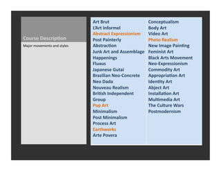 Art	
  Brut	
                          Conceptualism	
  
                                          L’Art	
  Informel	
                    Body	
  Art	
  
                                          Abstract	
  Expressionism	
            Video	
  Art	
  
Course	
  Descrip3on	
                    Post	
  Painterly	
                    Photo	
  Realism	
  
Major	
  movements	
  and	
  styles	
     Abstrac3on	
                           New	
  Image	
  Pain3ng	
  
                                          Junk	
  Art	
  and	
  Assemblage	
     Feminist	
  Art	
  
                                          Happenings	
                           Black	
  Arts	
  Movement	
  
                                          Fluxus	
                               Neo-­‐Expressionism	
  
                                          Japanese	
  Gutai	
                    Commodity	
  Art	
  
                                          Brazilian	
  Neo-­‐Concrete	
          Appropria3on	
  Art	
  
                                          Neo	
  Dada	
                          Iden3ty	
  Art	
  
                                          Nouveau	
  Realism	
                   Abject	
  Art	
  
                                          Bri3sh	
  Independent	
                Installa3on	
  Art	
  
                                          Group	
                                Mul3media	
  Art	
  
                                          Pop	
  Art	
                           The	
  Culture	
  Wars	
  
                                          Minimalism	
                           Postmodernism	
  
                                          Post	
  Minimalism	
  
                                          Process	
  Art	
  
                                          Earthworks	
  
                                          Arte	
  Povera	
  
 
