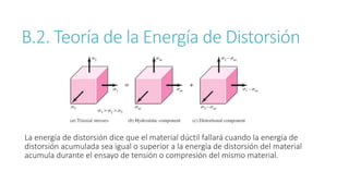 B.2. Teoría de la Energía de Distorsión
La energía de distorsión dice que el material dúctil fallará cuando la energía de
distorsión acumulada sea igual o superior a la energía de distorsión del material
acumula durante el ensayo de tensión o compresión del mismo material.
 