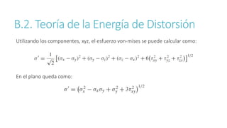 B.2. Teoría de la Energía de Distorsión
Utilizando los componentes, xyz, el esfuerzo von-mises se puede calcular como:
En el plano queda como:
 