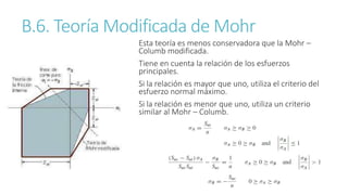 B.6. Teoría Modificada de Mohr
Esta teoría es menos conservadora que la Mohr –
Columb modificada.
Tiene en cuenta la relación de los esfuerzos
principales.
Si la relación es mayor que uno, utiliza el criterio del
esfuerzo normal máximo.
Si la relación es menor que uno, utiliza un criterio
similar al Mohr – Columb.
 