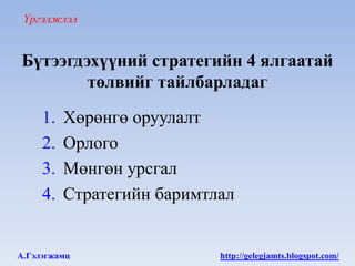 Үргэлжлэл


Бүтээгдэхүүний стратегийн 4 ялгаатай
        төлвийг тайлбарладаг

     1.   Хөрөнгө оруулалт
     2.   Орлого
     3.   Мөнгөн урсгал
     4.   Стратегийн баримтлал


А.Гэлэгжамц                 http://gelegjamts.blogspot.com/
 