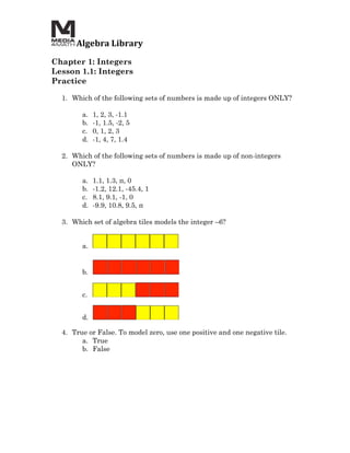 Algebra Library Practice Worksheet 1.1.1 | PDF