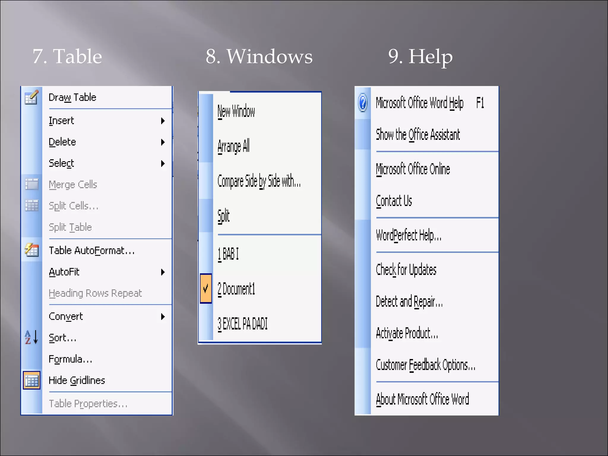 7. Table   8. Windows   9. Help
 