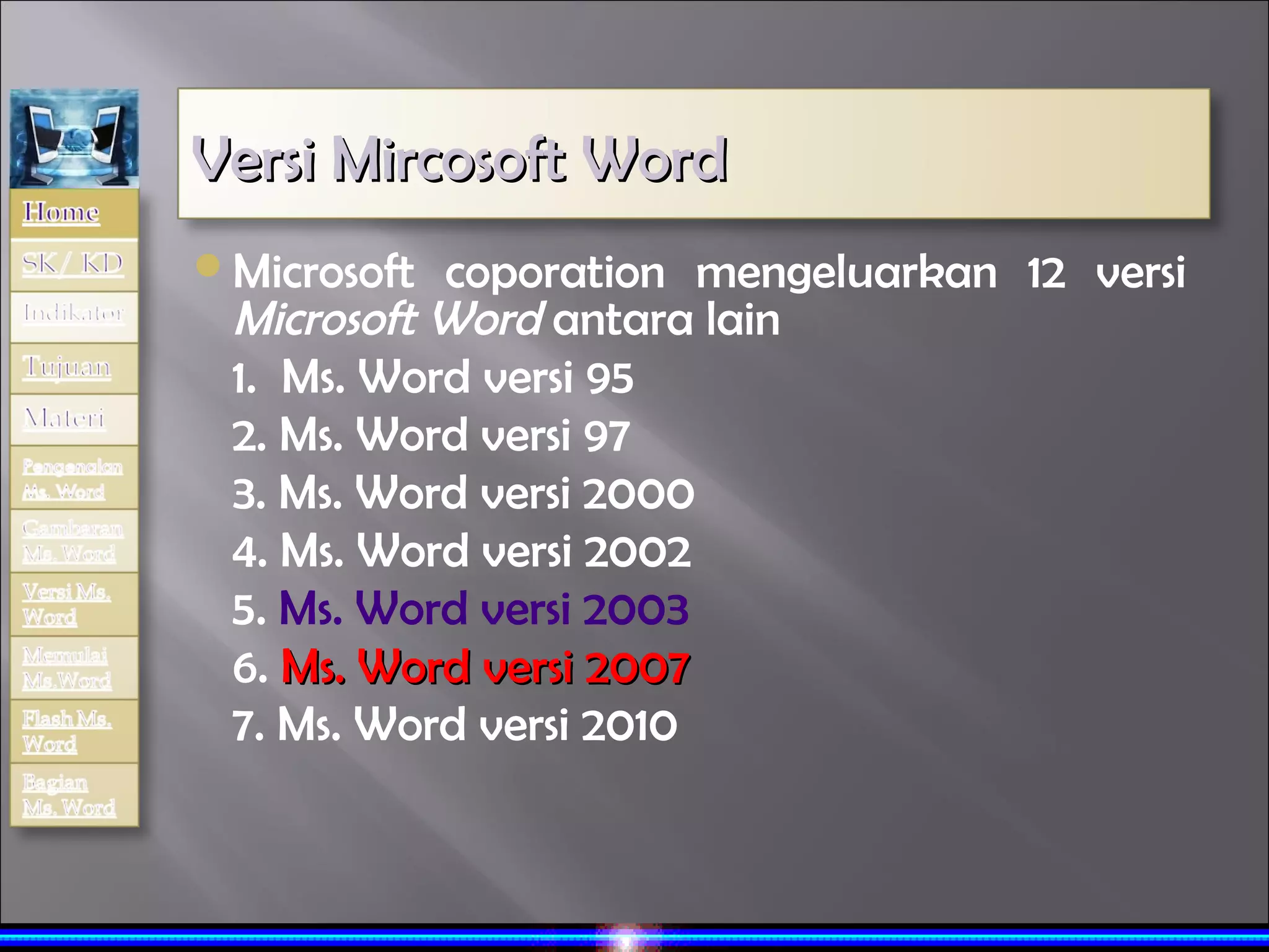 Versi Mircosoft Word
Microsoft coporation mengeluarkan 12 versi
 Microsoft Word antara lain
 1. Ms. Word versi 95
 2. Ms. Word versi 97
 3. Ms. Word versi 2000
 4. Ms. Word versi 2002
 5. Ms. Word versi 2003
 6. Ms. Word versi 2007
 7. Ms. Word versi 2010
 