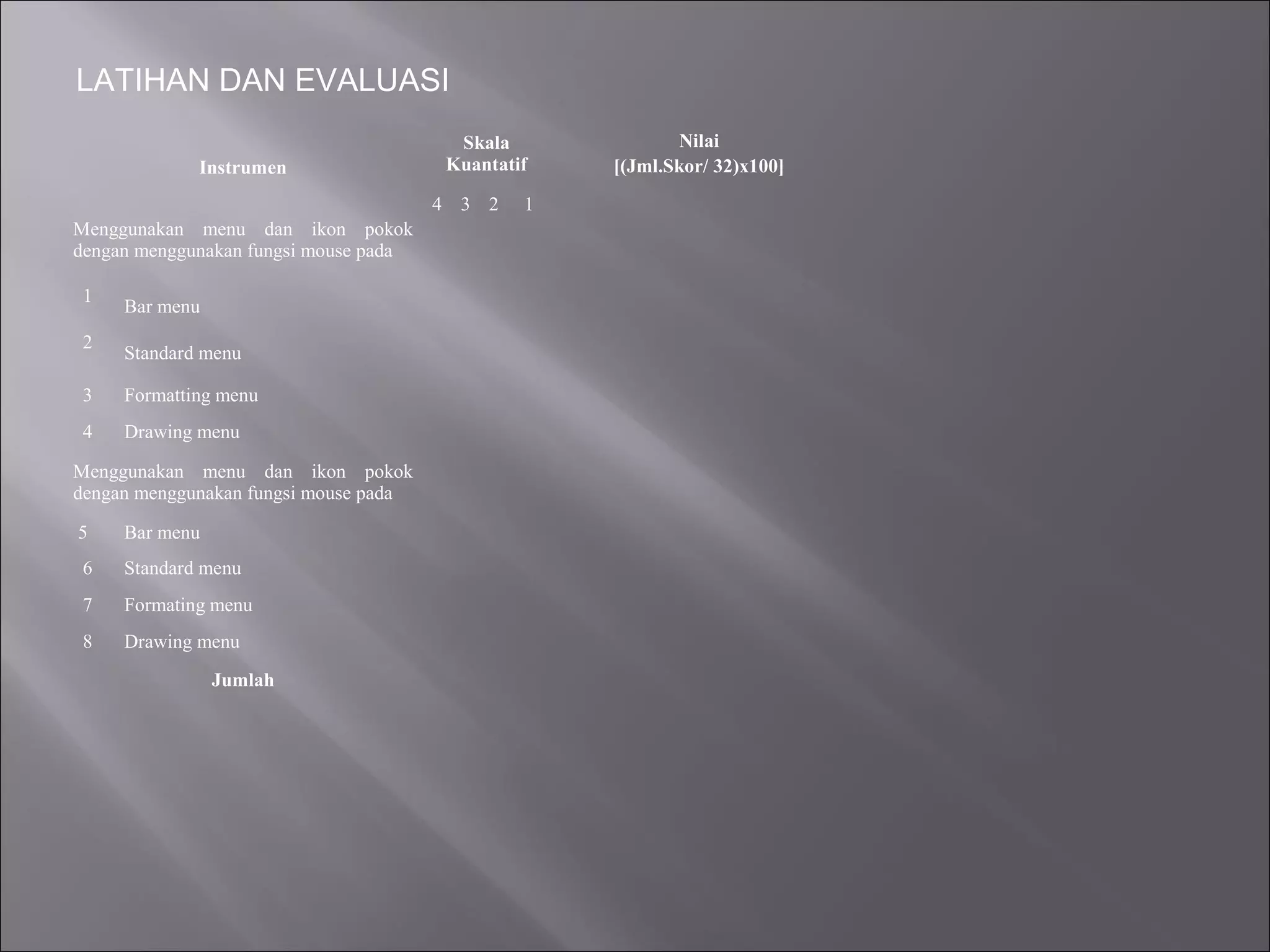 LATIHAN DAN EVALUASI
                                         Skala             Nilai
             Instrumen                  Kuantatif   [(Jml.Skor/ 32)x100]
                                       4 3 2    1
Menggunakan menu dan ikon pokok
dengan menggunakan fungsi mouse pada

 1
     Bar menu
 2
     Standard menu

 3   Formatting menu
 4   Drawing menu

Menggunakan menu dan ikon pokok
dengan menggunakan fungsi mouse pada

5    Bar menu
 6   Standard menu
 7   Formating menu
 8   Drawing menu
                Jumlah
 