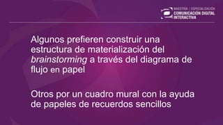 Algunos prefieren construir una
estructura de materialización del
brainstorming a través del diagrama de
flujo en papel
Otros por un cuadro mural con la ayuda
de papeles de recuerdos sencillos
 