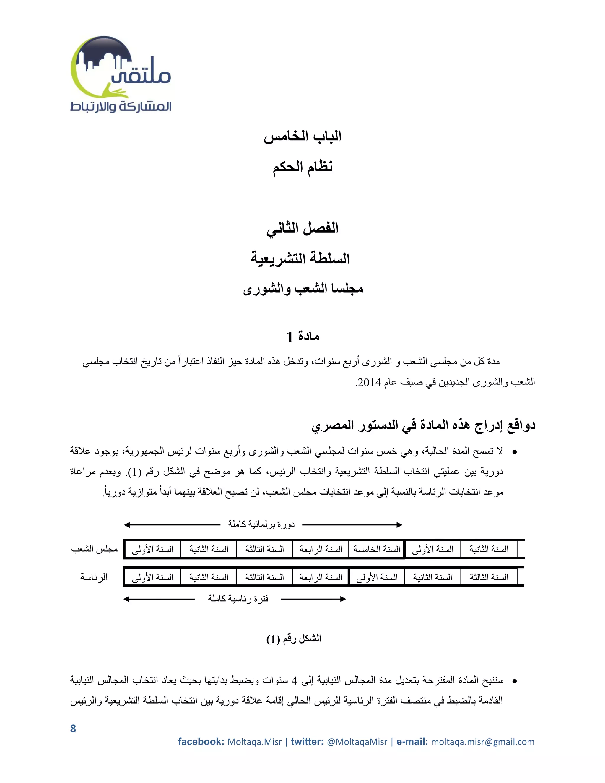 ‫الباب الخامس‬
                                                           ‫نظام الحكم‬


                                                        ‫الفصل الثاني‬
                                                   ‫السلطة التشريعية‬
                                                 ‫مجلسا الشعب والشورى‬


                                                                 ‫مادة 1‬
    ‫مدة كل من مجلسي الشعب و الشورى أربع سنوات، وتدخل هذه المادة حيز النفاذ اعتباراً من تاريخ انتخاب مجلسي‬
                                                                                   ‫الشعب والشورى الجديدين في صيف عام 4215.‬


                                                                      ‫دوافع إدراج هذه المادة في الدستور المصري‬
‫‪ ‬ال تسمح المدة الحالية، وهي خمس سنوات لمجلسي الشعب والشورى وأربع سنوات لرئيس الجمهورية، بوجود عالقة‬
‫دورية بين عمليتي انتخاب السلطة التشريعية وانتخاب الرئيس، كما هو موضح في الشكل رقم (2). وبعدم مراعاة‬
         ‫موعد انتخابات الرئاسة بالنسبة إلى موعد انتخابات مجلس الشعب، لن تصبح العالقة بينهما أبداً متوازية دورياً.‬

                                             ‫دورة برلمانية كاملة‬

‫مجلس الشعب‬      ‫السنة األولى‬     ‫السنة الثانية‬   ‫السنة الثالثة‬     ‫السنة الرابعة‬   ‫السنة الخامسة‬   ‫السنة األولى‬    ‫السنة الثانية‬

    ‫الرئاسة‬     ‫السنة األولى‬     ‫السنة الثانية‬   ‫السنة الثالثة‬     ‫السنة الرابعة‬   ‫السنة األولى‬    ‫السنة الثانية‬   ‫السنة الثالثة‬
                                       ‫فترة رئاسية كاملة‬


                                                       ‫الشكل رقم (1)‬


‫‪ ‬ستتيح المادة المقترحة بتعديل مدة المجالس النيابية إلى 4 سنوات وبضبط بدايتها بحيث يعاد انتخاب المجالس النيابية‬
‫القادمة بالضبط في منتصف الفترة الرئاسية للرئيس الحالي إقامة عالقة دورية بين انتخاب السلطة التشريعية والرئيس‬

‫8‬
                               ‫‪facebook: Moltaqa.Misr | twitter: @MoltaqaMisr | e-mail: moltaqa.misr@gmail.com‬‬
 