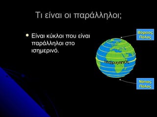Τι είναι οι παράλληλοι;
                             Βόρειος
 Είναικύκλοι που είναι       Πόλος
  παράλληλοι στο
  ισημερινό.




                             Νότιος
                             Πόλος
 