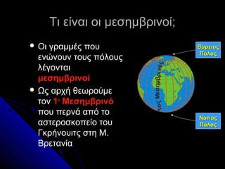 Τι είναι οι μεσημβρινοί;
 Οι γραμμές που                             Βόρειος
                                              Πόλος
  ενώνουν τους πόλους




                                εσημβρινός
  λέγονται
  μεσημβρινοί
 Ως αρχή θεωρούμε




                          1ο ς Μ
  τον 1ο Μεσημβρινό
  που περνά από το
                                             Νότιος
  αστεροσκοπείο του                          Πόλος
  Γκρήνουιτς στη Μ.
  Βρετανία
 
