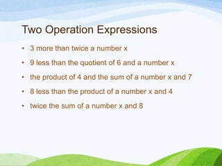Vocabulary to Know
• algebraic expression
• a mathematical phrase that includes one or more variables
• Nonexamples
 