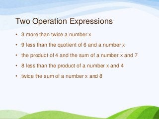 Two Operation Expressions
• 3 more than twice a number x
• 9 less than the quotient of 6 and a number x
• the product of 4 and the sum of a number x and 7
• 8 less than the product of a number x and 4
• twice the sum of a number x and 8
 