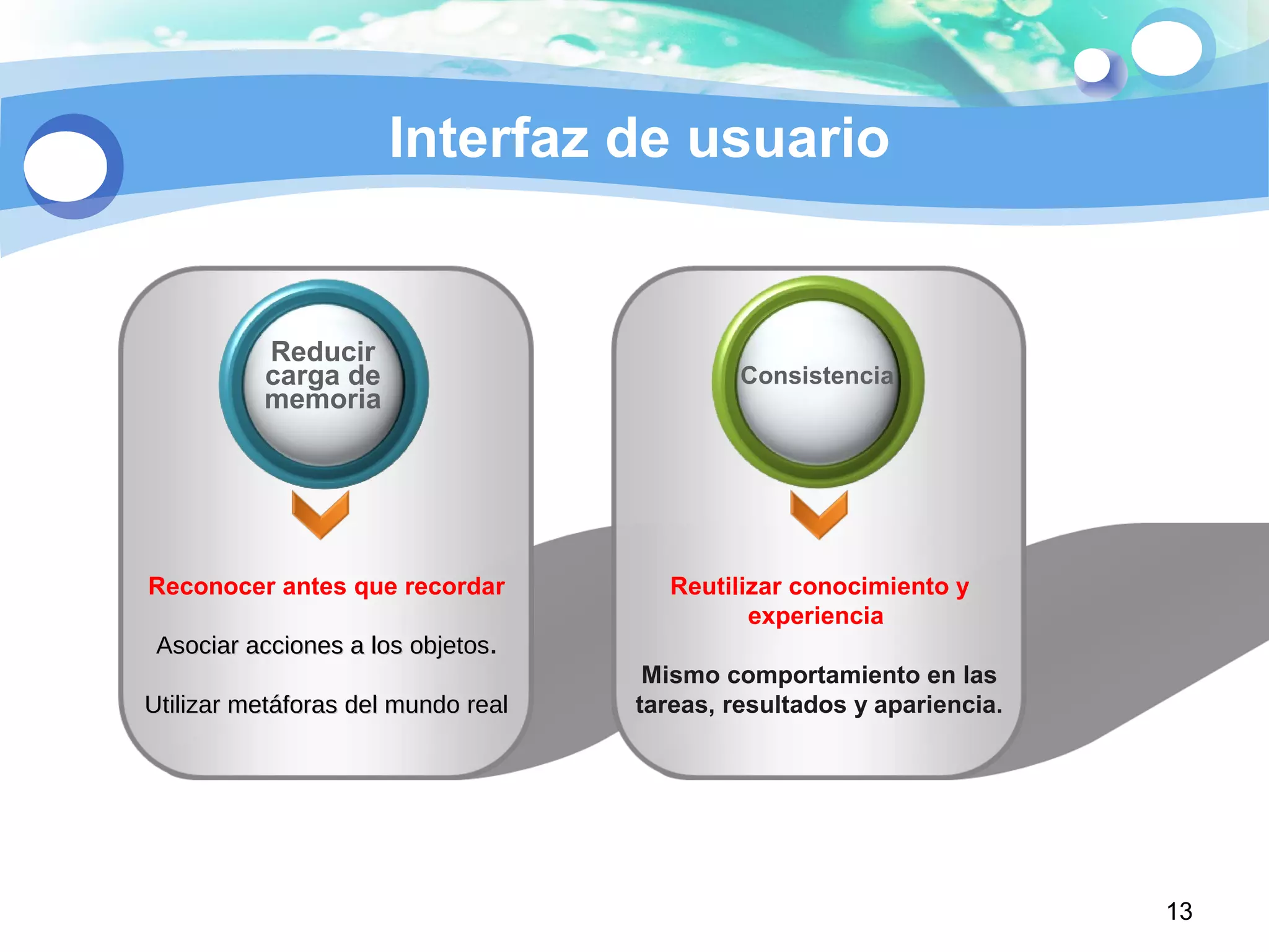 13
Interfaz de usuario
Reconocer antes que recordar
Asociar acciones a los objetosAsociar acciones a los objetos.
Utilizar metáforas del mundo realUtilizar metáforas del mundo real
Reutilizar conocimiento y
experiencia
Mismo comportamiento en las
tareas, resultados y apariencia.
Reducir
carga de
memoria
Consistencia
 