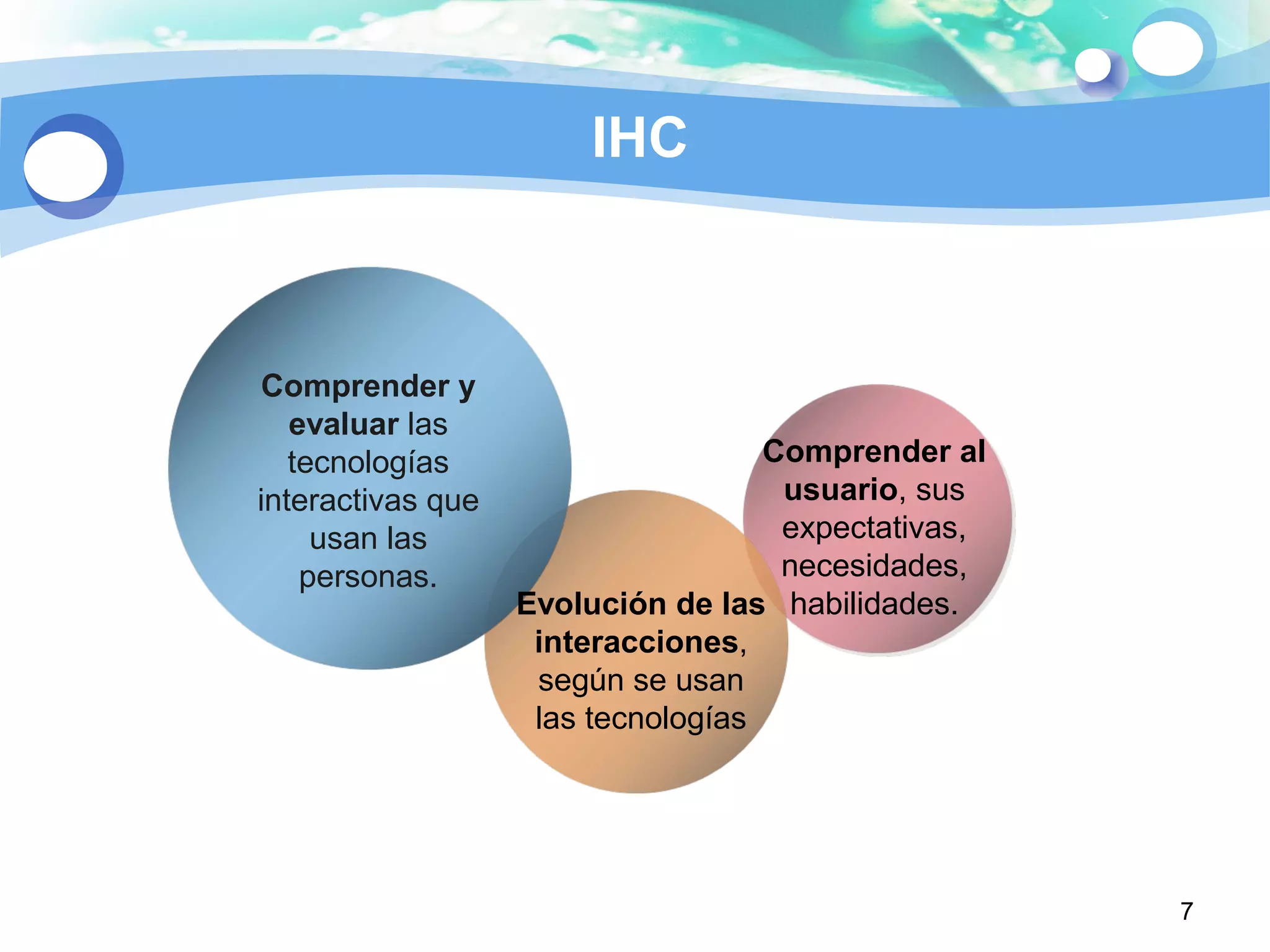 7
IHC
Comprender y
evaluar las
tecnologías
interactivas que
usan las
personas.
Evolución de las
interacciones,
según se usan
las tecnologías
Comprender al
usuario, sus
expectativas,
necesidades,
habilidades.
 