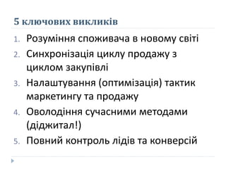 5 ключових викликів
1. Розуміння споживача в новому світі
2. Синхронізація циклу продажу з
циклом закупівлі
3. Налаштування (оптимізація) тактик
маркетингу та продажу
4. Оволодіння сучасними методами
(діджитал!)
5. Повний контроль лідів та конверсій
 