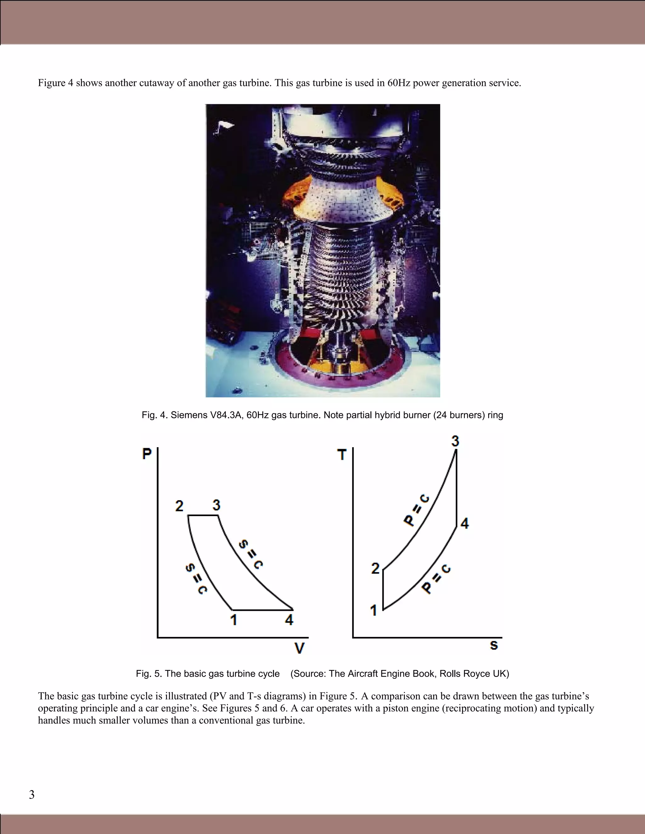3
Figure 4 shows another cutaway of another gas turbine. This gas turbine is used in 60Hz power generation service.
Fig. 4. Siemens V84.3A, 60Hz gas turbine. Note partial hybrid burner (24 burners) ring
Fig. 5. The basic gas turbine cycle (Source: The Aircraft Engine Book, Rolls Royce UK)
The basic gas turbine cycle is illustrated (PV and T-s diagrams) in Figure 5. A comparison can be drawn between the gas turbine’s
operating principle and a car engine’s. See Figures 5 and 6. A car operates with a piston engine (reciprocating motion) and typically
handles much smaller volumes than a conventional gas turbine.
Claire Soares
 