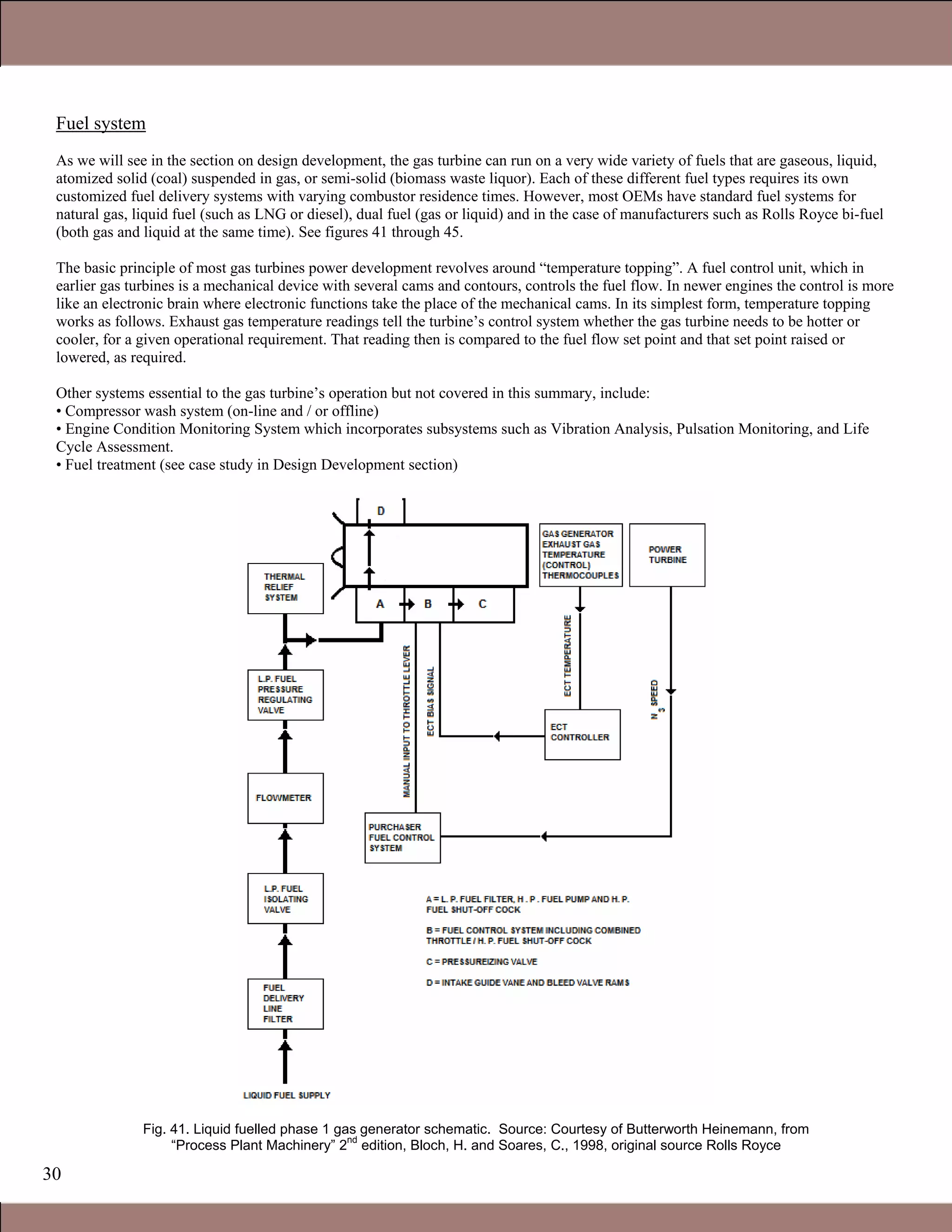 30
Fuel system
As we will see in the section on design development, the gas turbine can run on a very wide variety of fuels that are gaseous, liquid,
atomized solid (coal) suspended in gas, or semi-solid (biomass waste liquor). Each of these different fuel types requires its own
customized fuel delivery systems with varying combustor residence times. However, most OEMs have standard fuel systems for
natural gas, liquid fuel (such as LNG or diesel), dual fuel (gas or liquid) and in the case of manufacturers such as Rolls Royce bi-fuel
(both gas and liquid at the same time). See figures 41 through 45.
The basic principle of most gas turbines power development revolves around “temperature topping”. A fuel control unit, which in
earlier gas turbines is a mechanical device with several cams and contours, controls the fuel flow. In newer engines the control is more
like an electronic brain where electronic functions take the place of the mechanical cams. In its simplest form, temperature topping
works as follows. Exhaust gas temperature readings tell the turbine’s control system whether the gas turbine needs to be hotter or
cooler, for a given operational requirement. That reading then is compared to the fuel flow set point and that set point raised or
lowered, as required.
Other systems essential to the gas turbine’s operation but not covered in this summary, include:
• Compressor wash system (on-line and / or offline)
• Engine Condition Monitoring System which incorporates subsystems such as Vibration Analysis, Pulsation Monitoring, and Life
Cycle Assessment.
• Fuel treatment (see case study in Design Development section)
Fig. 41. Liquid fuelled phase 1 gas generator schematic. Source: Courtesy of Butterworth Heinemann, from
“Process Plant Machinery” 2nd
edition, Bloch, H. and Soares, C., 1998, original source Rolls Royce
1.1 Gas Turbines in Simple Cycle and Combined Cycle Applications
 