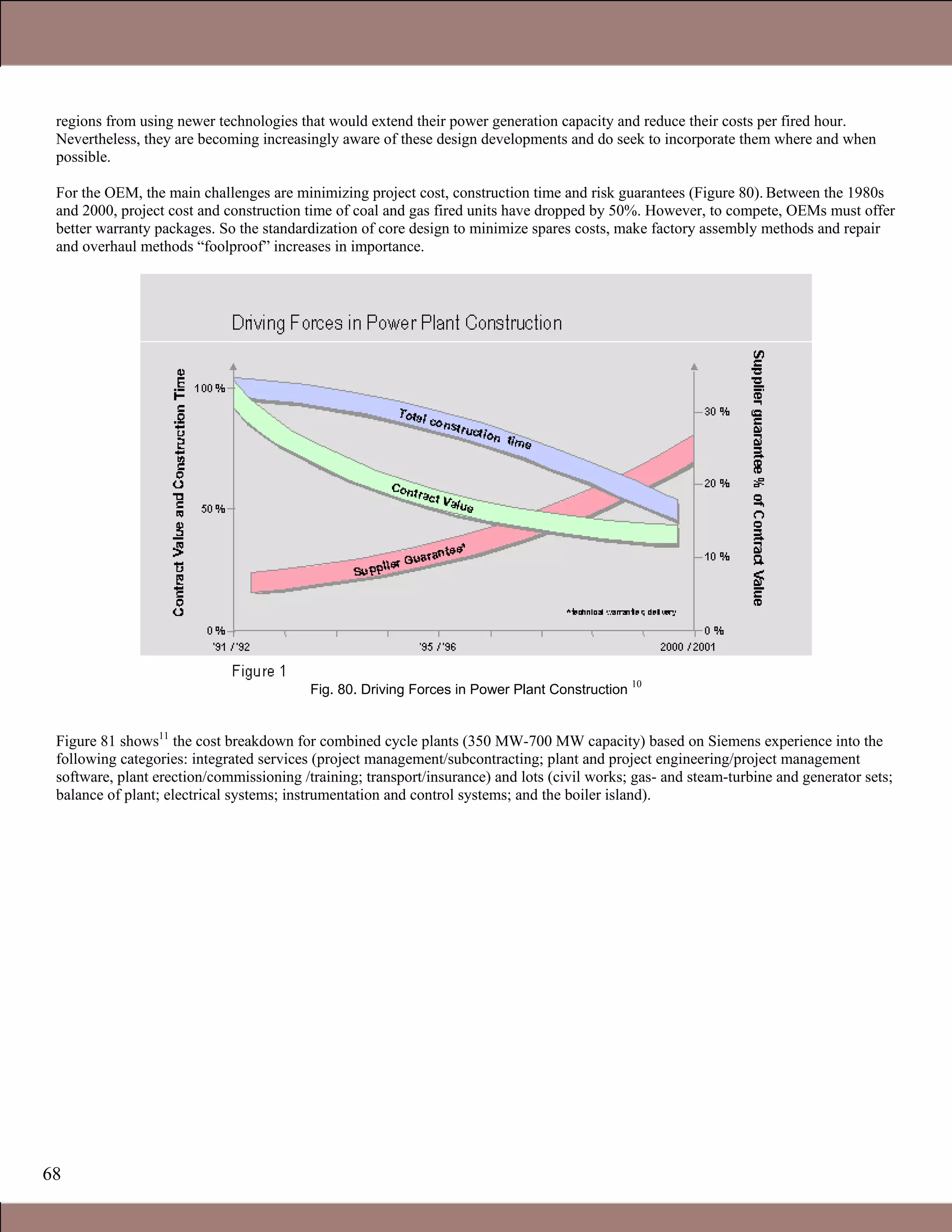 68
regions from using newer technologies that would extend their power generation capacity and reduce their costs per fired hour.
Nevertheless, they are becoming increasingly aware of these design developments and do seek to incorporate them where and when
possible.
For the OEM, the main challenges are minimizing project cost, construction time and risk guarantees (Figure 80). Between the 1980s
and 2000, project cost and construction time of coal and gas fired units have dropped by 50%. However, to compete, OEMs must offer
better warranty packages. So the standardization of core design to minimize spares costs, make factory assembly methods and repair
and overhaul methods “foolproof” increases in importance.
Fig. 80. Driving Forces in Power Plant Construction
10
Figure 81 shows11
the cost breakdown for combined cycle plants (350 MW-700 MW capacity) based on Siemens experience into the
following categories: integrated services (project management/subcontracting; plant and project engineering/project management
software, plant erection/commissioning /training; transport/insurance) and lots (civil works; gas- and steam-turbine and generator sets;
balance of plant; electrical systems; instrumentation and control systems; and the boiler island).
1.1 Gas Turbines in Simple Cycle and Combined Cycle Applications
 