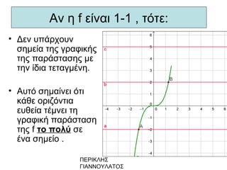 ΠΕΡΙΚΛΗΣ
ΓΙΑΝΝΟΥΛΑΤΟΣ
Αν η f είναι 1-1 , τότε:
• Δεν υπάρχουν
σημεία της γραφικής
της παράστασης με
την ίδια τεταγμένη.
• Αυτό σημαίνει ότι
κάθε οριζόντια
ευθεία τέμνει τη
γραφική παράσταση
της f το πολύ σε
ένα σημείο .
 