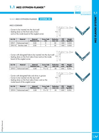 1.1        MEZ-SYPHON-FLANGE ®

                                                                                                                   1.1




                                                                                                                   MEZ-FLANGE-SYSTEM ®
                      1.1.1 MEZ-SYPHON-FLANGE                      SYSTEM 20


                      MEZ-CORNER
                                                                                                            15,3
                      - Corner to be inserted into the duct wall
                      - Sealing done on the front side of duct                          95,0
                        and on the inside board of the angled corner


                       Art.-Nr      Material           Material     Screw hole   Deduction     VPE      Weight
                                                    thickness/mm        mm       mass mm       units   kg/piece
                       229/1     Galvanised steel      3,00             9              30      500      0,052
                       229/1E     Stainless steel      3,00             9              30      500      0,052



                                                                                                            15,3

                      - Corner with elongated hole to be inserted into the duct wall
                                                                                        95,0
                      - Sealing done on the front side of duct and on the inside
                        board of the angled corner


                       Art.-Nr       Material          Material     Screw hole   Deduction     VPE      Weight
                                                    thickness/mm        mm       mass mm       units   kg/piece
                       229/3     Galvanised steel       3,00          9 x 12           30      500      0,052


                                                                                                            15,3
                      - Corner with elongated hole and drive in groove
                      - Corner to be inserted into the duct wall                        95,0

                      - Sealing done on the front side of duct, and on the
                        inside board of the angled corner

                       Art.-Nr       Material          Material     Screw hole   Deduction     VPE      Weight
                                                    thickness/mm        mm       mass mm       units   kg/piece
                       229/4     Galvanised steel       3,00          9 x 12           30      500      0,052
All Rights Reserved
 