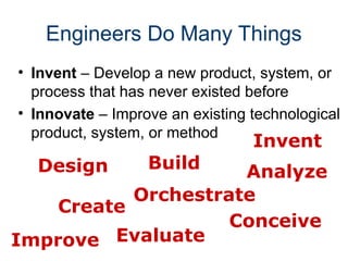 Engineers Do Many Things
• Invent – Develop a new product, system, or
process that has never existed before
• Innovate – Improve an existing technological
product, system, or method
Create
Build
Conceive
Design
Evaluate
Analyze
Orchestrate
Invent
Improve
 