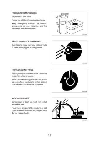 PREPARE FOR EMERGENCIESPREPARE FOR EMERGENCIES
Be prepared if a fire starts.
Keep a first aid kit and fire extinguisher handy.
Keep emergency numbers for doctors,
ambulance service, hospital, and fire
department near your telephone.
PROTECT AGAINST FLYING DEBRISPROTECT AGAINST FLYING DEBRIS
Guard against injury from flying pieces of metal
or debris;Wear goggles or safety glasses.
PROTECT AGAINST NOISEPROTECT AGAINST NOISE
Prolonged exposure to loud noise can cause
impairment or loss of hearing.
Wear a suitable hearing protective device such
as earmuffs or earplugs to protect against
objectionable or uncomfortable loud noises.
AVOID POWER LINESAVOID POWER LINES
Serious injury or death can result from contact
with electric lines.
Never move any part of the machine or load
closer to electric line than 3m(10ft) plus twice
the line insulator length.
1-2
13031GE04
13031GE05
13031GE06
13031GE07
 