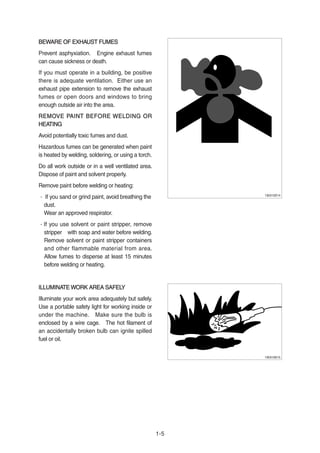 BEWARE OF EXHAUST FUMESBEWARE OF EXHAUST FUMES
Prevent asphyxiation. Engine exhaust fumes
can cause sickness or death.
If you must operate in a building, be positive
there is adequate ventilation. Either use an
exhaust pipe extension to remove the exhaust
fumes or open doors and windows to bring
enough outside air into the area.
REMOVE PAINT BEFORE WELDING ORREMOVE PAINT BEFORE WELDING OR
HEATINGHEATING
Avoid potentially toxic fumes and dust.
Hazardous fumes can be generated when paint
is heated by welding, soldering, or using a torch.
Do all work outside or in a well ventilated area.
Dispose of paint and solvent properly.
Remove paint before welding or heating:
· If you sand or grind paint, avoid breathing the
dust.
Wear an approved respirator.
·If you use solvent or paint stripper, remove
stripper with soap and water before welding.
Remove solvent or paint stripper containers
and other flammable material from area.
Allow fumes to disperse at least 15 minutes
before welding or heating.
ILLUMINATE WORK AREA SAFELYILLUMINATE WORK AREA SAFELY
Illuminate your work area adequately but safely.
Use a portable safety light for working inside or
under the machine. Make sure the bulb is
enclosed by a wire cage. The hot filament of
an accidentally broken bulb can ignite spilled
fuel or oil.
1-5
13031GE14
13031GE15
 
