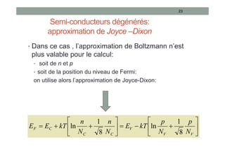 Semi-conducteurs dégénérés:
approximation de Joyce –Dixon
• Dans ce cas , l’approximation de Boltzmann n’est
plus valable pour le calcul:
• soit de n et p
• soit de la position du niveau de Fermi:
on utilise alors l’approximation de Joyce-Dixon:
23


















V
V
V
C
C
C
F
N
p
N
p
kT
E
N
n
N
n
kT
E
E
8
1
ln
8
1
ln
 
