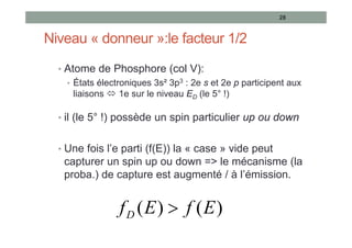 Niveau « donneur »:le facteur 1/2
• Atome de Phosphore (col V):
• États électroniques 3s² 3p3 : 2e s et 2e p participent aux
liaisons  1e sur le niveau ED (le 5° !)
• il (le 5° !) possède un spin particulier up ou down
• Une fois l’e parti (f(E)) la « case » vide peut
capturer un spin up ou down => le mécanisme (la
proba.) de capture est augmenté / à l’émission.
28
)
(
)
( E
f
E
fD 
 