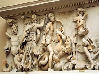 Ηλιάδης Ηλίας
Ο βωμός του Δία στην
ακρόπολη του Περγάμου
Το πιο εντυπωσιακό στοιχείο του βωμού του
Περγάμου είναι αναμφίβολα η μεγάλη ζωφόρος
με τη Γιγαντομαχία που περιτρέχει το μνημείο.
Οι ανάγλυφες παραστάσεις της ζωφόρου είναι το
πιο αντιπροσωπευτικό παράδειγμα του
ελληνιστικού μπαρόκ που μας έχει σωθεί. Οι
περισσότερες μορφές εικονίζονται σε έντονη
κίνηση με τολμηρές προοπτικές βραχύνσεις με
πολύ έντονη πλαστικότητα στην απόδοση των
γυμνών ανδρικών σωμάτων και πλούσιες, βαθιά
χαραγμένες πτυχές στα ενδύματα των γυναικών.
Στα πρόσωπα των γιγάντων αποτυπώνονται ο
φόβος και ο πόνος που προκαλεί η ήττα από τους
δυνατότερους θεούς. Η ερμηνεία των μορφών
διευκολύνεται από την παρουσία επιγραφών, που
δυστυχώς όμως σώζονται αποσπασματικά. Τα
ονόματα των θεών ήταν γραμμένα στο γείσο
επάνω από τη ζωφόρο, ενώ εκείνα των γιγάντων
με μικρότερα γράμματα κάτω από τις μορφές. Δεν
υπάρχει ομοφωνία για την ταύτιση όλων των
μορφών ούτε για την ερμηνεία της ζωφόρου
συνολικά, ορισμένα τμήματά της όμως
ερμηνεύονται χωρίς δυσκολία. Βέβαιο είναι ότι
στην ανατολική πλευρά εμφανίζονται οι
κυριότεροι θεοί του Ολύμπου (ανάμεσά τους ο
Δίας, η Ήρα, η Αθηνά, ο Απόλλων και η Άρτεμη·
καθώς και ο Ηρακλής, ο μόνος ήρωας που
συμμετείχε στη Γιγαντομαχία. Σύμφωνα με έναν
χρησμό, οι θεοί δεν μπορούσαν να νικήσουν τους
Γίγαντες αν δεν εξασφάλιζαν τη βοήθεια ενός
θνητού· γι᾽ αυτό πήραν σύμμαχο τον Ηρακλή.
Πηγή: http://www.greek-language.gr
Ανακατασκευασμένη πρόσοψη του βωμού του Δία στο Πέργαμο. Staatliche Museen
Preussischer Kulturbesitz, Antikensammlung, Pergamonmuseum.
Τμήμα της ζωφόρου της ανατολικής πλευράς του βωμού του Δία στο Πέργαμο: Αθηνά, Αλκυονεύς, Γη και Νίκη. Βερολίνο, Staatliche Museen
Preussischer Kulturbesitz, Antikensammlung, Pergamonmuseum.
Οι τρεις Μοίρες οπλισμένες με χάλκινα ρόπαλα σκοτώνουν τους δυο γίγαντες, τον Άγριο και τον Θώα.
Ο Δίας παλεύει με τον Πορυφίωνα. Μουσείο της Περγάμου, Βερολίνο.
 