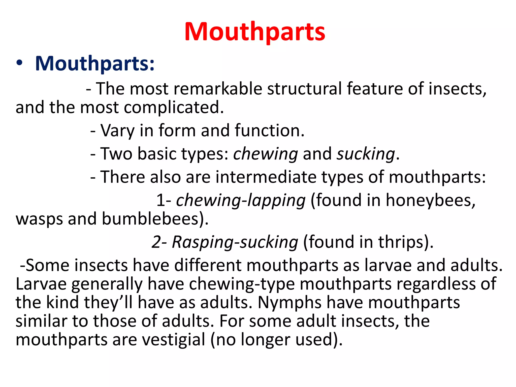 Mouthparts
• Mouthparts:
- The most remarkable structural feature of insects,
and the most complicated.
- Vary in form and function.
- Two basic types: chewing and sucking.
- There also are intermediate types of mouthparts:
1- chewing-lapping (found in honeybees,
wasps and bumblebees).
2- Rasping-sucking (found in thrips).
-Some insects have different mouthparts as larvae and adults.
Larvae generally have chewing-type mouthparts regardless of
the kind they’ll have as adults. Nymphs have mouthparts
similar to those of adults. For some adult insects, the
mouthparts are vestigial (no longer used).
 