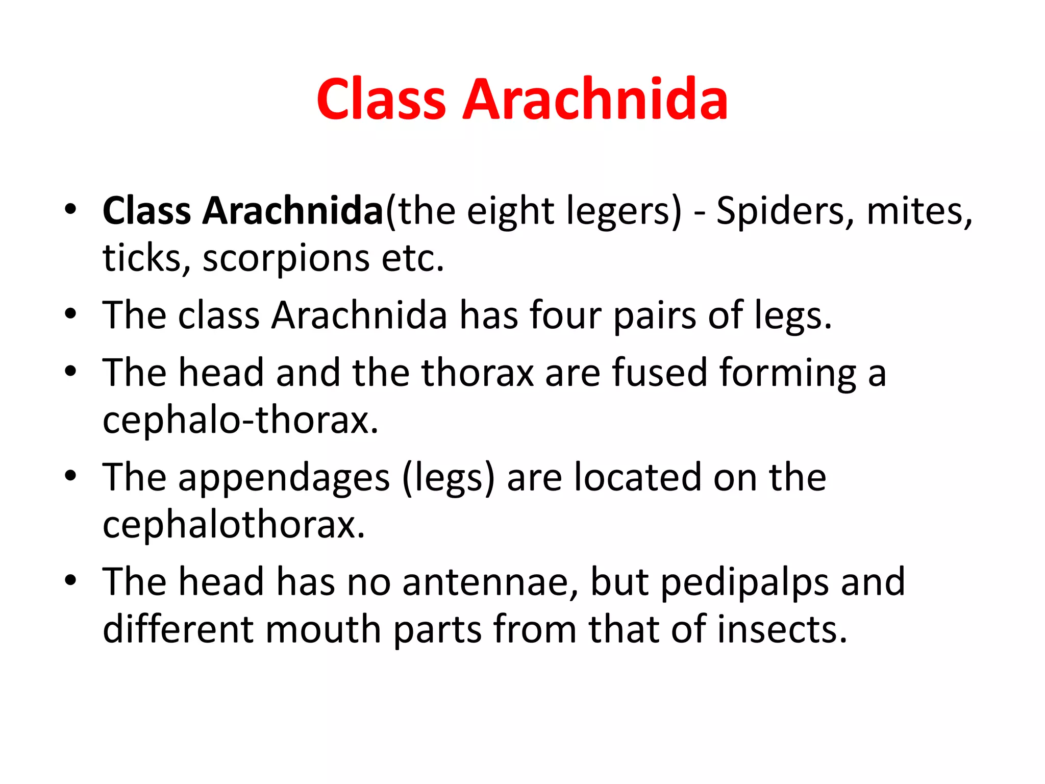 Class Arachnida
• Class Arachnida(the eight legers) - Spiders, mites,
ticks, scorpions etc.
• The class Arachnida has four pairs of legs.
• The head and the thorax are fused forming a
cephalo-thorax.
• The appendages (legs) are located on the
cephalothorax.
• The head has no antennae, but pedipalps and
different mouth parts from that of insects.
 